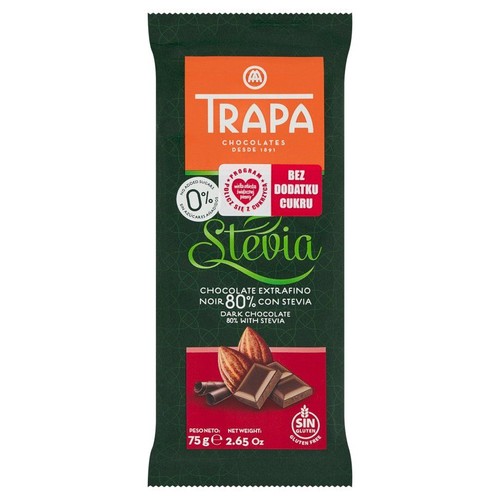 Opakowanie czekolady gorzkiej TRAPA Stevia 80%. Produkt bez dodatku cukru i bez glutenu. Waga 75g.