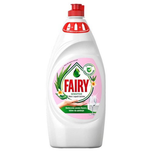 Butelka płynu Fairy Sensitive do naczyń, zapach aloesu i jaśminu. Etykieta z grafiką aloesu i czystych naczyń.