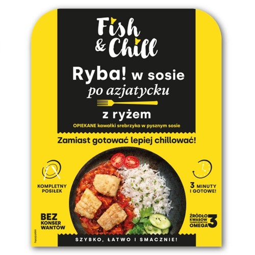 Produkt Fish & Chill: ryba po azjatycku z ryżem. Na opakowaniu grafika dania: kawałki ryby w czerwonym sosie, ryż, pomidorki koktajlowe, plasterki ogórka. Kompletny posiłek, bez konserwantów, gotowy w 3 minuty. Źródło Omega 3.