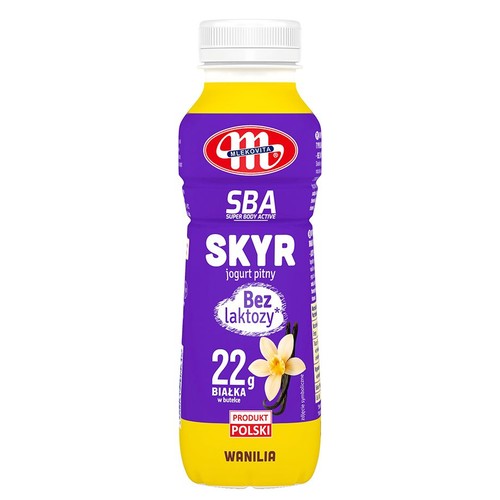 Jogurt pitny Mlekovita Skyr SBA o smaku waniliowym. Bez laktozy, 22g białka w butelce.