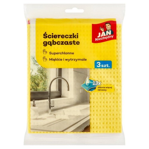 Żółte ściereczki gąbczaste Jan Niezbędny, 3 sztuki. Superchłonne, miękkie i wytrzymałe. Idealne do sprzątania.