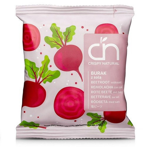 Opakowanie Crispy Natural z suszonymi plastrami buraków z solą morską. Na białym tle różowe ilustracje buraków i ich plastrów. Widoczna nazwa produktu "BURAK z solą" oraz informacja o suszonych plastrach buraków z solą morską.