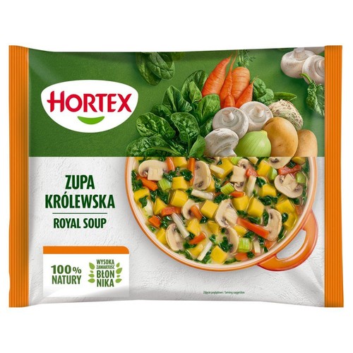 Opakowanie zupy Hortex Królewska. Grafika świeżych warzyw i miski gotowej zupy z pieczarkami i warzywami.