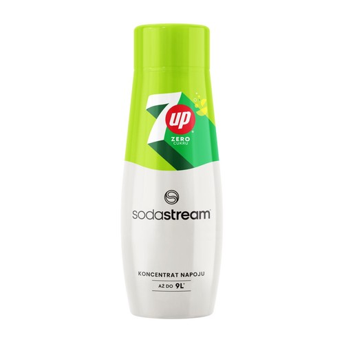 Koncentrat napoju Sodastream 7UP Zero Sugar. Butelka jest biała u dołu i jasnozielona u góry, z dużym logo 7UP i napisem "Zero Cukru". Na etykiecie widnieje informacja, że z koncentratu można przygotować do 9 litrów gotowego napoju.