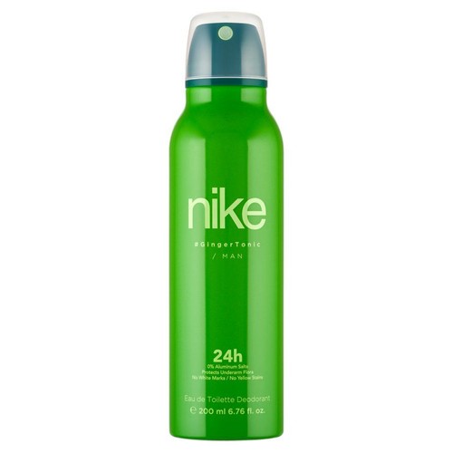 Dezodorant Nike Ginger Tonic Man w zielonej, metalowej butelce z atomizerem, 200 ml. Przezroczysta nakrętka.