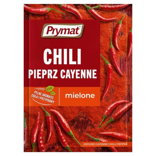 Torebka Prymat Chili Pieprz Cayenne mielone. Na opakowaniu grafika czerwonych papryczek chili i proszku.