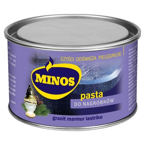 Pasta MINOS do pielęgnacji nagrobków z granitu, marmuru i lastryka. Fioletowa puszka z metalową pokrywką.