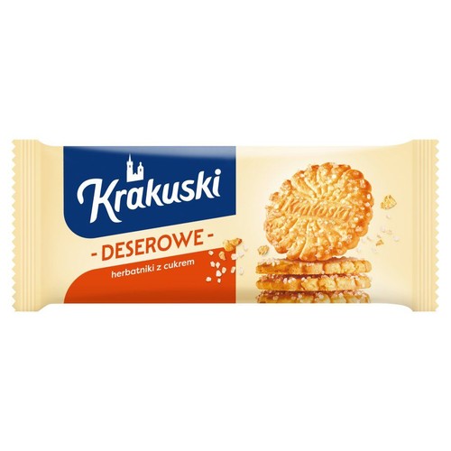 Opakowanie herbatników Krakuski Deserowe z cukrem. Na etykiecie stos czterech okrągłych, złotych ciastek posypanych cukrem.