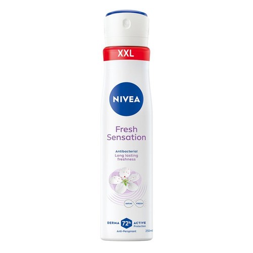 Antyperspirant NIVEA Fresh Sensation 250 ml w białej butelce z czerwoną etykietą XXL i niebieskim logo.