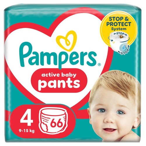 Opakowanie pieluchomajtek Pampers, rozmiar 4, 66 sztuk. Na opakowaniu zdjęcie uśmiechniętego dziecka i logo Pampers.