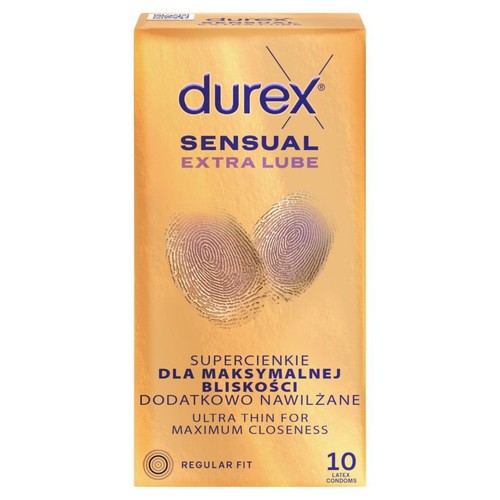 Złote pudełko prezerwatyw Durex Sensual Extra Lube, ultra cienkie dla bliskości, 10 sztuk. Standardowy rozmiar.