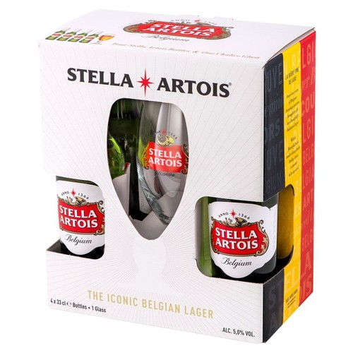 Zestaw prezentowy Stella Artois w białym kartonie. Zawiera cztery butelki belgijskiego piwa lager o pojemności 330 ml każda i jedną szklankę z logo marki. Piwo ma 5,0% objętości alkoholu. Opakowanie ma barwy flagi Belgii.