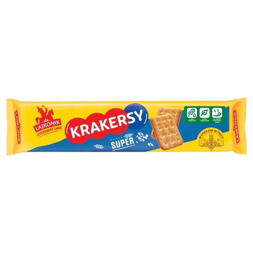 Żółto-niebieskie opakowanie krakersów Lajkonik Super. Na opakowaniu widnieje logo Lajkonik z jeźdźcem, nazwa produktu "Krakersy Super" oraz grafika dwóch prostokątnych krakersów. Informacja "Wypiekane w piecu".