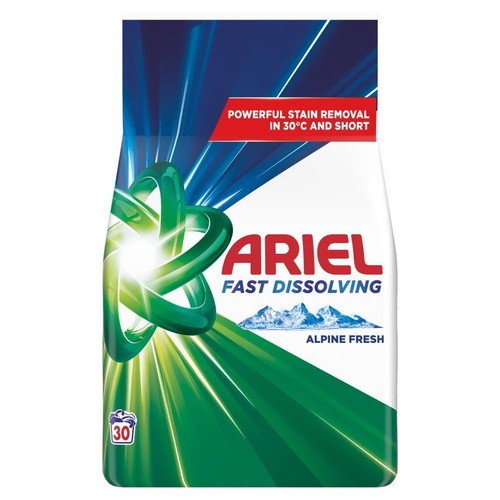 Proszek do prania Ariel Fast Dissolving, Alpejska Świeżość. Skuteczny w 30°C, usuwa plamy. Opakowanie na 30 prań.