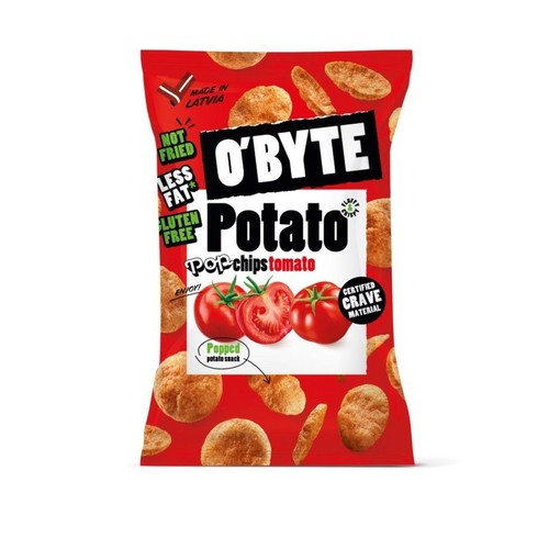 Opakowanie O'BYTE Potato Popchips, przekąski ziemniaczanej o smaku pomidorowym. Czerwona paczka z grafiką chipsów i pomidorów. Produkt jest niesmażony, z mniejszą zawartością tłuszczu i bezglutenowy.