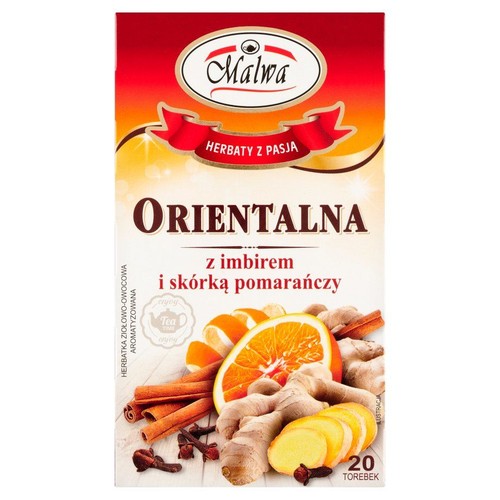 Opakowanie herbatki Malwa Orientalna z imbirem i skórką pomarańczy, 20 torebek. Na opakowaniu grafika imbiru, pomarańczy i cynamonu.