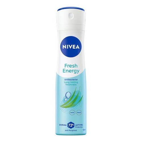 Dezodorant Nivea Fresh Energy 150 ml w białej puszce z niebieskim logo i zielonymi liśćmi.