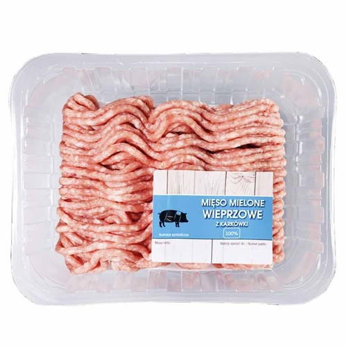 Przezroczyste plastikowe opakowanie z mielonym mięsem wieprzowym z karkówki. Mięso jest jasnoróżowe, ułożone w faliste pasma. Na etykiecie widnieje napis "Mięso mielone wieprzowe z karkówki" oraz grafika świni.