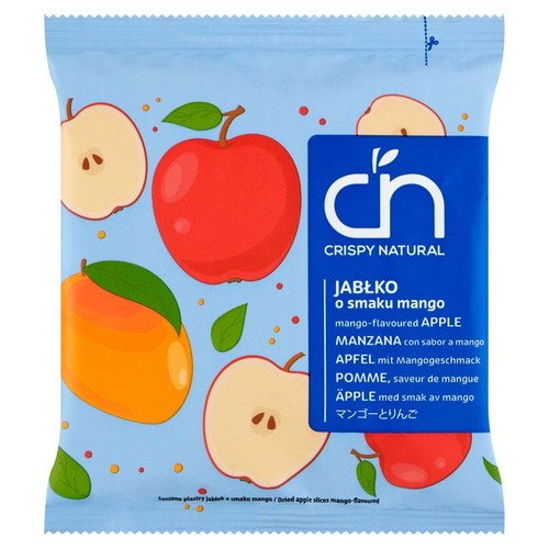 Opakowanie Crispy Natural Jabłko o smaku mango. Niebieska torebka z grafiką czerwonych jabłek i pomarańczowego mango.