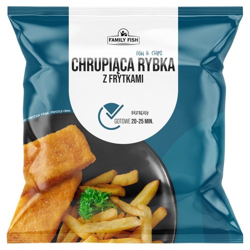 Opakowanie Family Fish "Fish & Chips". Grafika przedstawia usmażoną rybę i frytki na czarnym talerzu. Produkt gotowy w 20-25 min.
