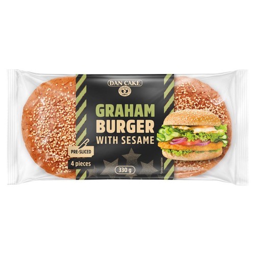 Produkt Dan Cake: 4 krojone bułki grahamowe do burgerów z sezamem, zapakowane w folię. Na czarnej etykiecie nazwa produktu i waga 330 g. Obok grafika burgera z warzywami i kotletem, jako propozycja serwowania.