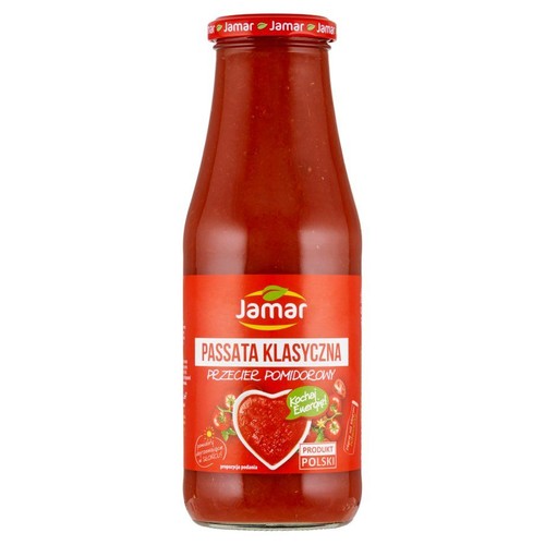 Jamar Passata Klasyczna, przecier pomidorowy w szklanej butelce z czerwoną zakrętką. Etykieta z grafiką serca i napisem "Produkt Polski".