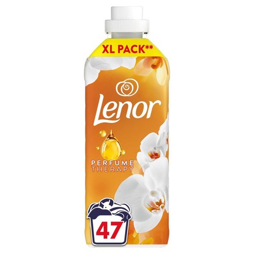 Butelka płynu do płukania Lenor XL Pack, Terapia perfumami, z grafiką białych orchidei. Na etykiecie liczba 47.