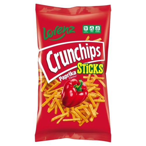 Czerwona paczka Lorenz Crunchips Sticks o smaku paprykowym. Na opakowaniu grafika papryki i chrupek w kształcie paluszków.