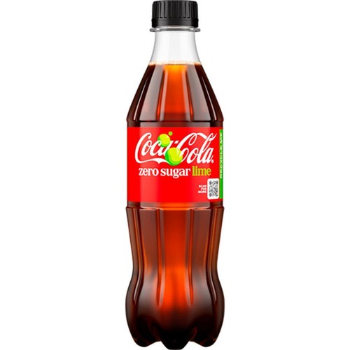 Butelka Coca-Cola Zero Sugar Lime z czerwoną etykietą. Na etykiecie białe logo i napis "zero sugar lime" z zielonymi limonkami.
