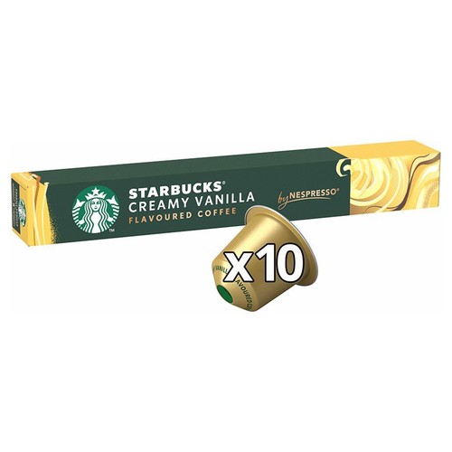 Kawa smakowa Starbucks Creamy Vanilla w 10 kapsułkach Nespresso. Zielone pudełko z logo Starbucks i złota kapsułka.