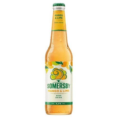 Butelka napoju piwnego Somersby Mango & Lime, 4,5% obj. alkoholu. Etykieta w kolorach białym, zielonym i żółtym, z motywem owoców mango i limonki. Butelka jest mokra od kondensacji, co sugeruje, że jest zimna.