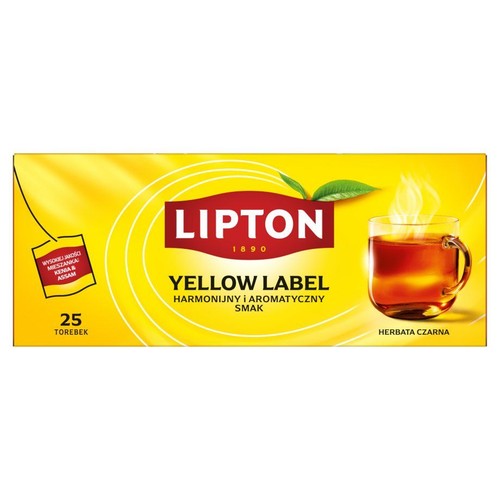 Lipton Yellow Label, czarna herbata w torebkach. Opakowanie 25 sztuk. Harmonijny i aromatyczny smak.