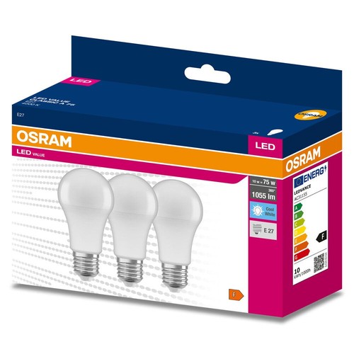 Trzy żarówki LED OSRAM Value E27, 10W, 1055 lm. Barwa światła Cool White. Energooszczędne.