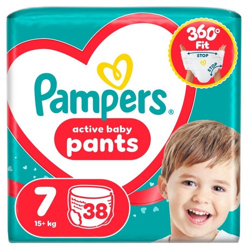 Opakowanie pieluchomajtek Pampers Active Baby Pants, rozmiar 7 (15+ kg), 38 sztuk. Uśmiechnięte dziecko na opakowaniu.