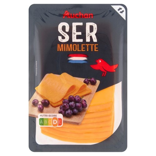 Ser Mimolette krojony w plastry, w opakowaniu. Widoczna marka Auchan i grafika z winogronami.