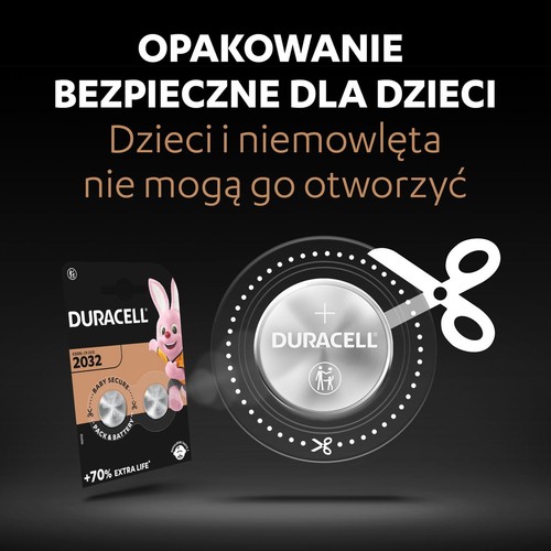 Duracell 2032, dwie baterie guzikowe. Opakowanie bezpieczne dla dzieci, trudne do otwarcia.