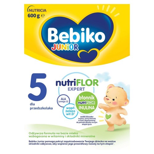 Bebiko Junior 5 dla przedszkolaka, 600g. Mleko modyfikowane z nutriFLOR EXPERT, ALA, wapniem, żelazem, wit. D i błonnikiem.