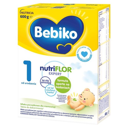 Żółto-białe opakowanie mleka początkowego Bebiko 1 nutriFLOR EXPERT dla niemowląt od urodzenia, 600g. Bez oleju palmowego.