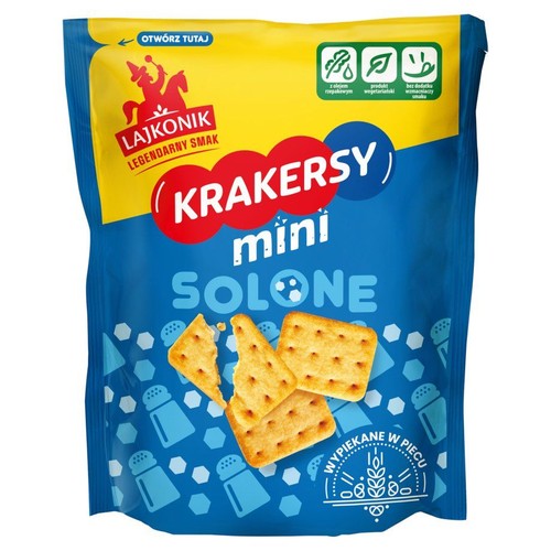 Niebieskie opakowanie krakersów Lajkonik mini Solone z grafiką krakersów. Bez wzmacniaczy smaku.