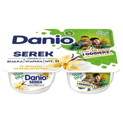 Opakowanie serka Danio waniliowego. Zawiera białko, wapń i witaminę D. Dwa kubeczki.