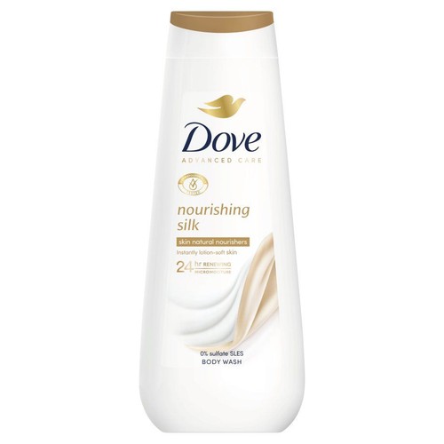 Płyn do mycia ciała Dove Advanced Care Nourishing Silk. Butelka z grafiką jedwabiu, 0% siarczanów.