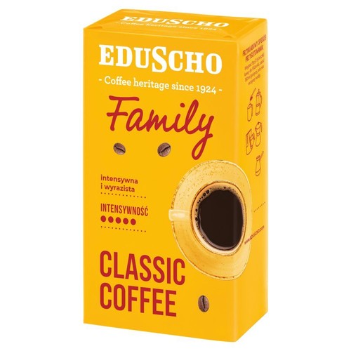 Kawa EDUSCHO Classic Coffee Family w żółtym kartonowym opakowaniu. Na etykiecie widnieje filiżanka kawy, ziarna kawy oraz hasło "Coffee heritage since 1924". Produkt opisany jako intensywny i wyrazisty.