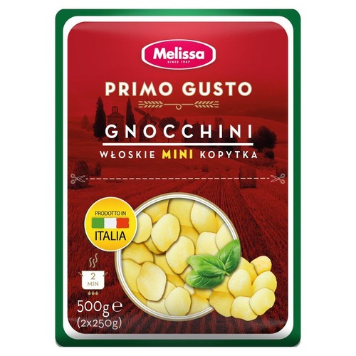 Opakowanie produktu Melissa Primo Gusto Gnocchini, włoskich mini kopytek. Na czerwonym tle widoczna grafika z kopytkami i bazylią. Produkt o wadze 500g (2x250g), wyprodukowany we Włoszech. Gotowy w 2 minuty.