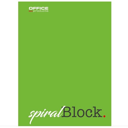 Produkt: blok spiralny. Okładka w kolorze zielonym. W górnej części widoczne logo "OFFICE products". Na dole, po prawej stronie, znajduje się nazwa produktu "spiralBlock.", gdzie "spiral" jest białe, a "Block." ciemnoszare.
