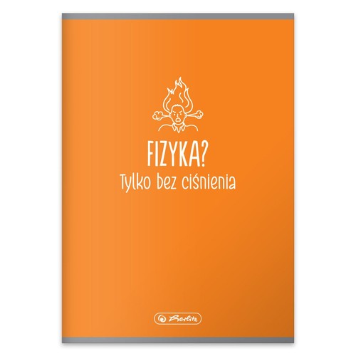 Pomarańczowy zeszyt Herlitz z zabawną okładką. Na okładce biały rysunek zdenerwowanej głowy z płonącymi włosami oraz napis "FIZYKA? Tylko bez ciśnienia" (Fizyka? Tylko bez ciśnienia). Idealny dla uczniów i studentów.