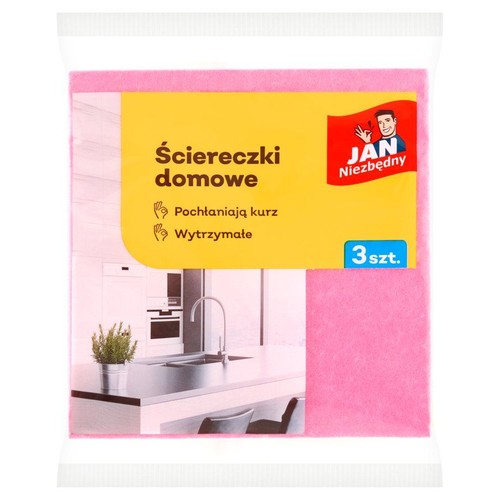 Opakowanie różowych ściereczek domowych JAN Niezbędny, 3 sztuki. Przeznaczone do pochłaniania kurzu, wytrzymałe.