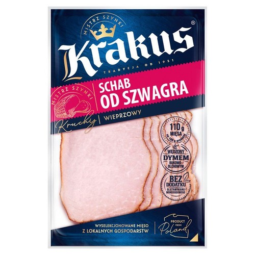 Krakus Schab od Szwagra, wieprzowy, wędzony. Opakowanie z widocznymi plastrami. 110g mięsa na 100g produktu.