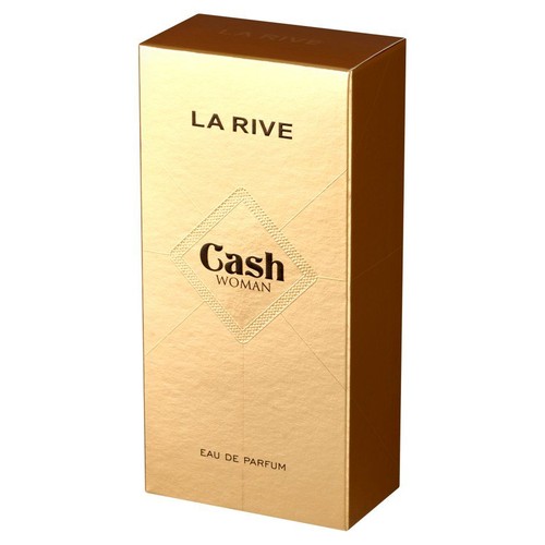 Złote opakowanie perfum La Rive Cash Woman. Na froncie nazwa produktu i napis "Woda perfumowana".
