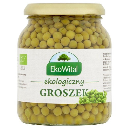 Słoik ekologicznego groszku EkoWital. Zielony groszek w szklanym słoiku z etykietą i logo ekologicznym.