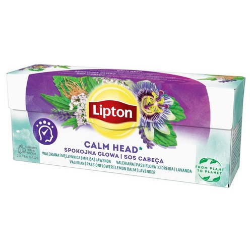 Lipton Spokojna Głowa, napar ziołowy w fioletowo-białym opakowaniu z grafiką ziół. 20 torebek.